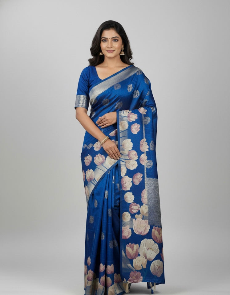 Floral Printed Soft Silk Saree with Subtle Zari Highlights – Mint Green & Aqua Blue