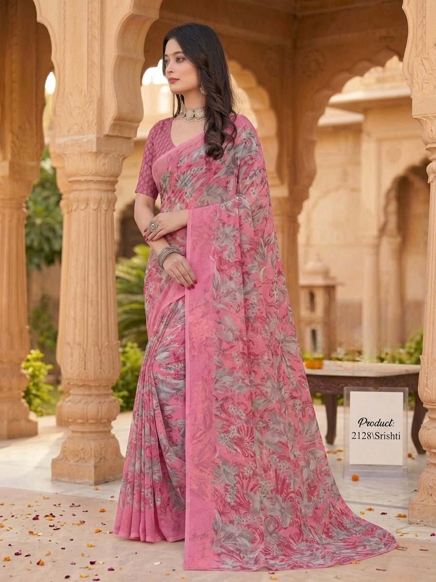 Blush Pink Floral Digital Print Linen Saree