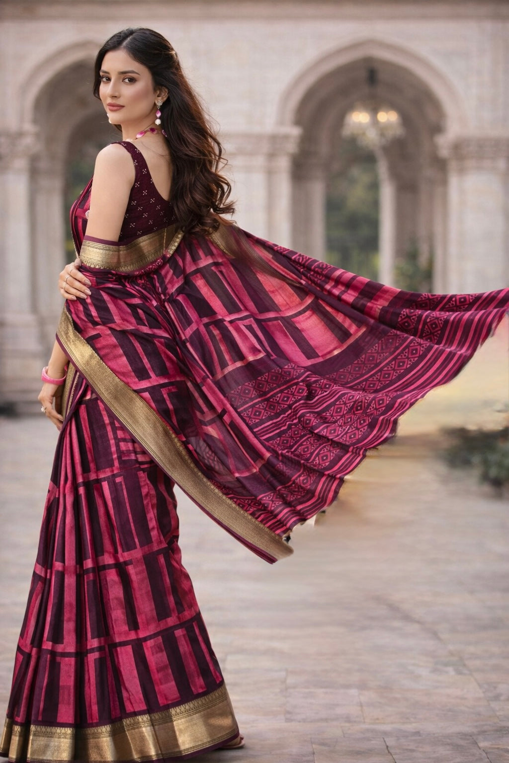 Contemporary Wine-Pink Saree with Golden Zari Border