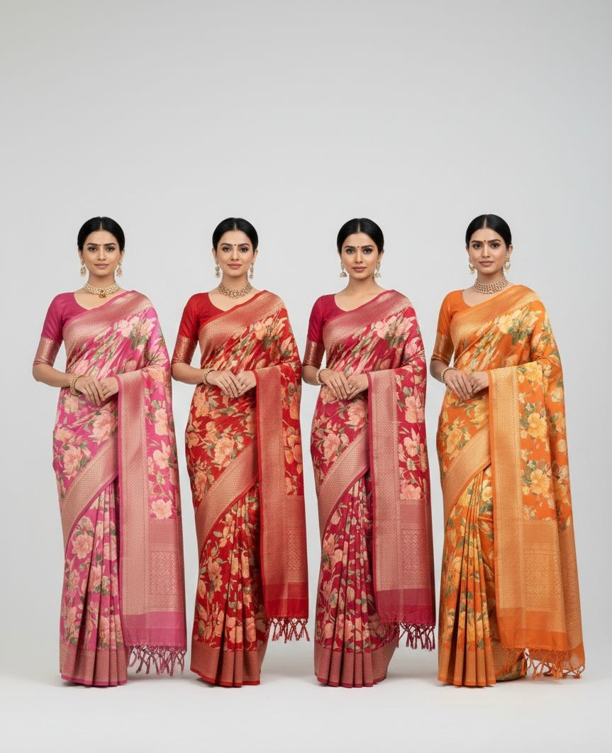 Floral Printed Silk-Blend Saree with Woven Border