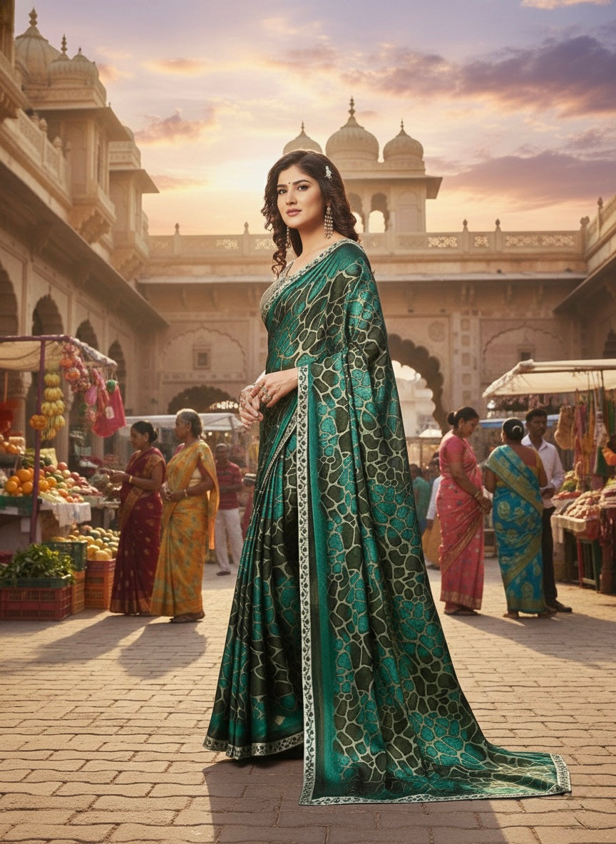 Teal Green and Black Printed Saree with Animal-Skin Inspired Pattern