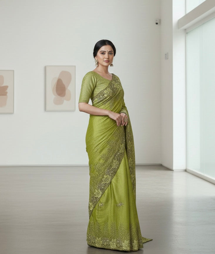 Olive Green Floral Embroidered Saree with Scalloped Border