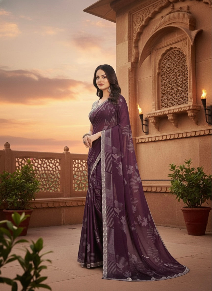 Elegant Plum Satin Saree with Silver Floral Accents