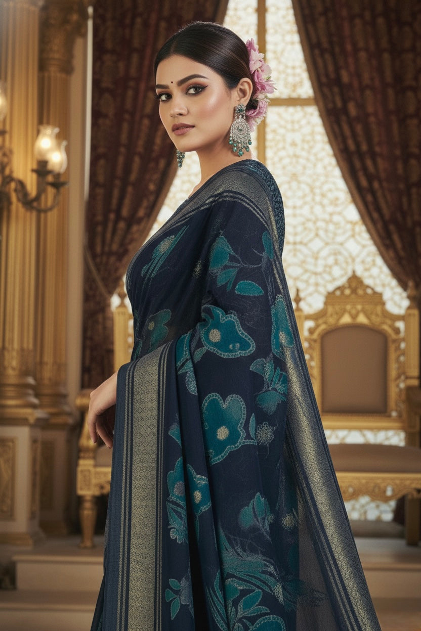 Midnight Blue Banarasi Silk Saree with Intricate Zari & Floral Weave