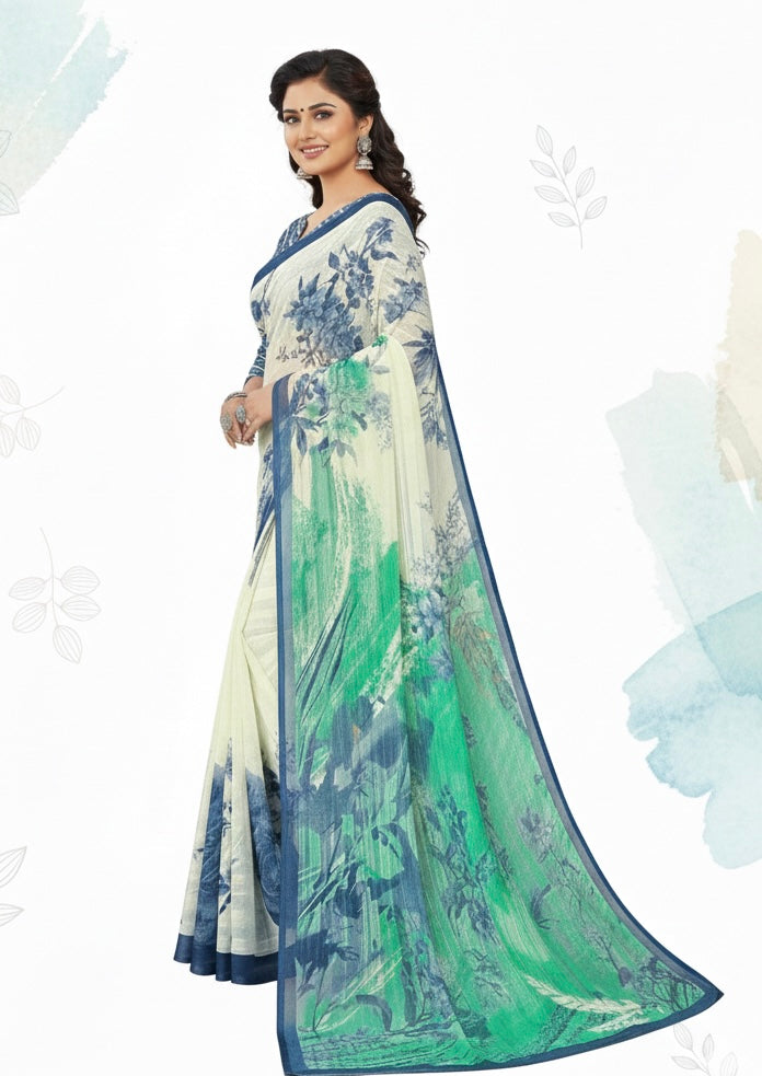 White & Blue Chiffon Saree with Floral Print and Contrast Printed Blouse