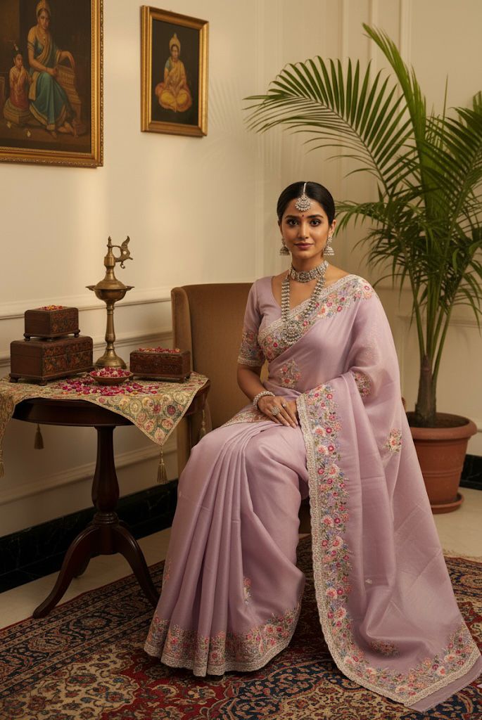 Lavender Organza Saree with Multicolor Thread & Sequin Embroidery