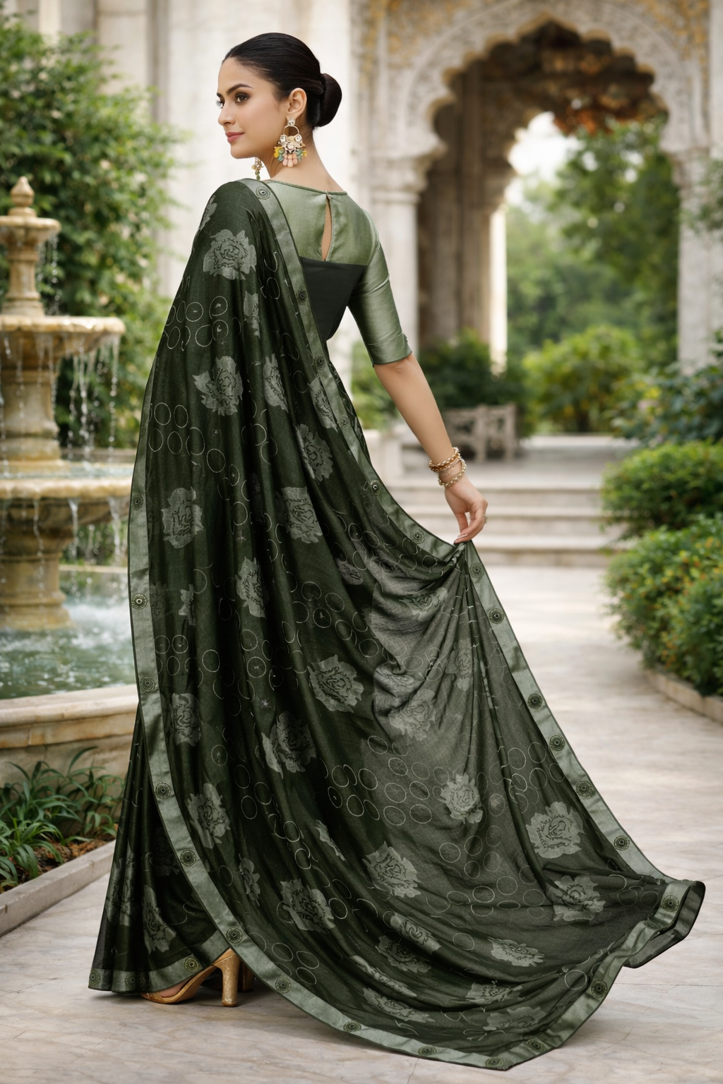 Emerald Noir Floral Saree with Subtle Sheen