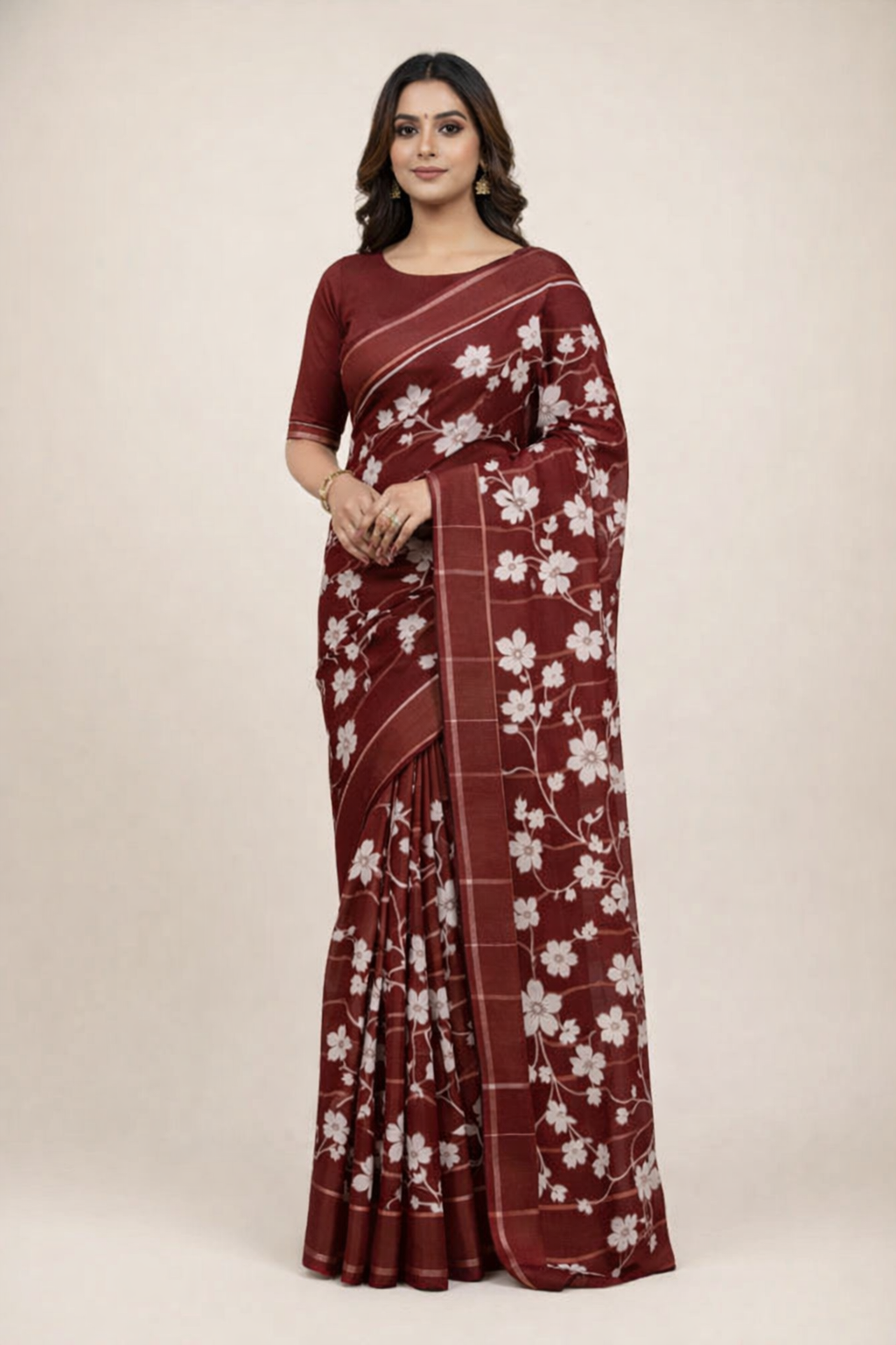 Floral Elegance Printed Saree with Solid Border