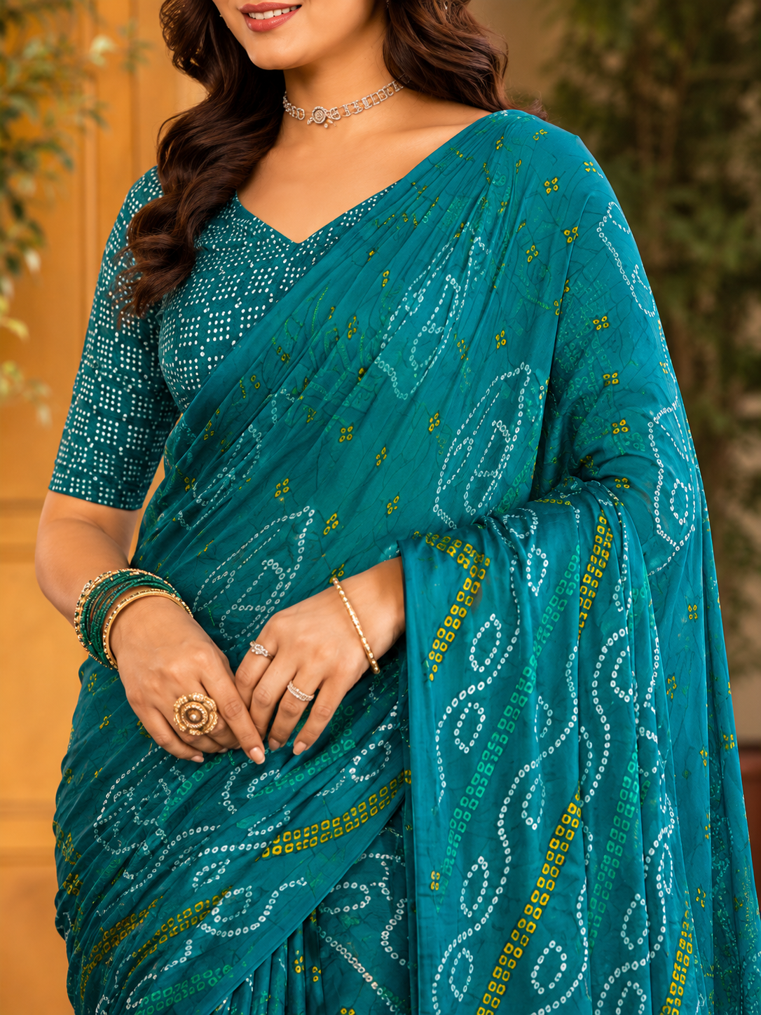 Teal Bandhani-Inspired Printed Saree