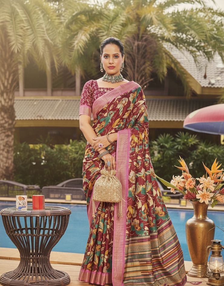 Wine Red Floral Printed Saree with Contrast Border