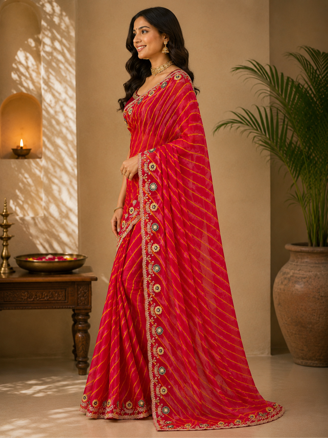 Embroidered Leheriya Soft Chiffon Saree