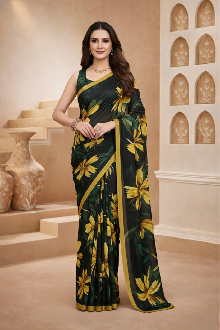 Green & Mustard Yellow Floral Printed Saree in Soft Georgette Finish