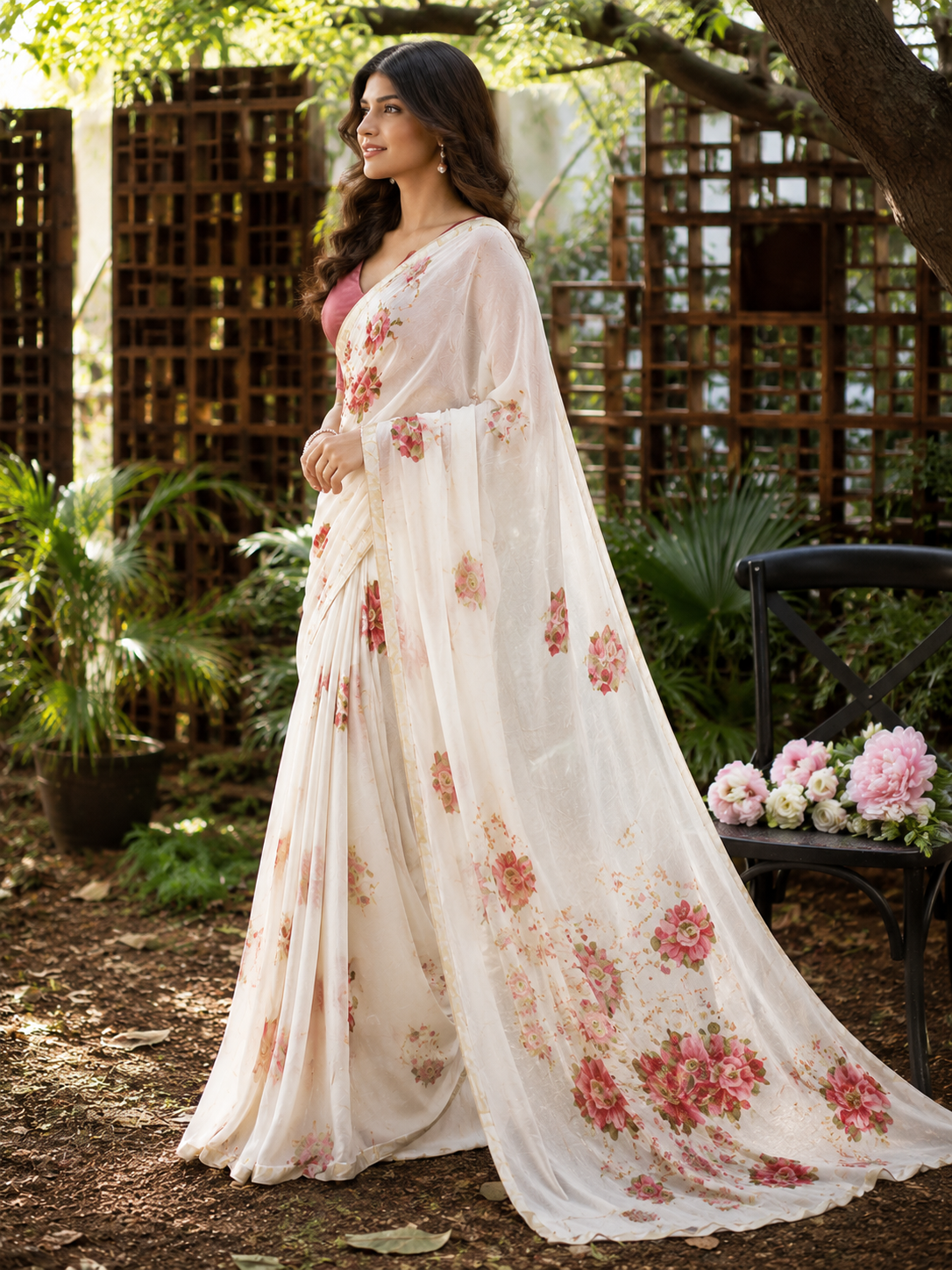 Floral Printed Organza Saree