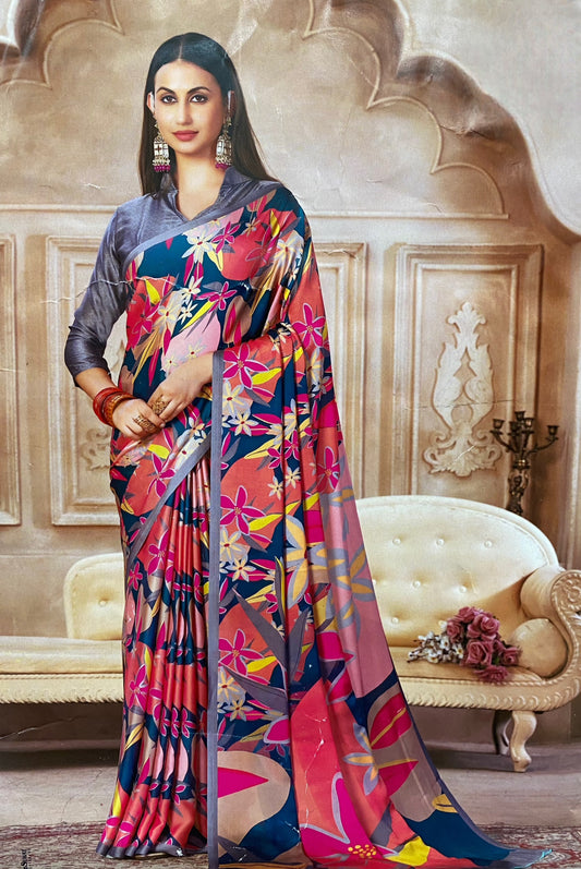 Tropical Muse Satin Saree – Bold Florals, Luxe Feel