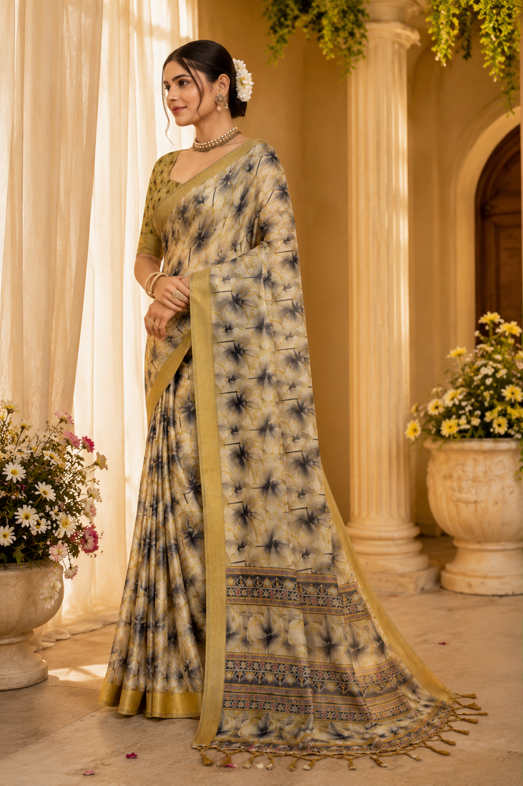 Golden Mist Floral Printed Linen Saree