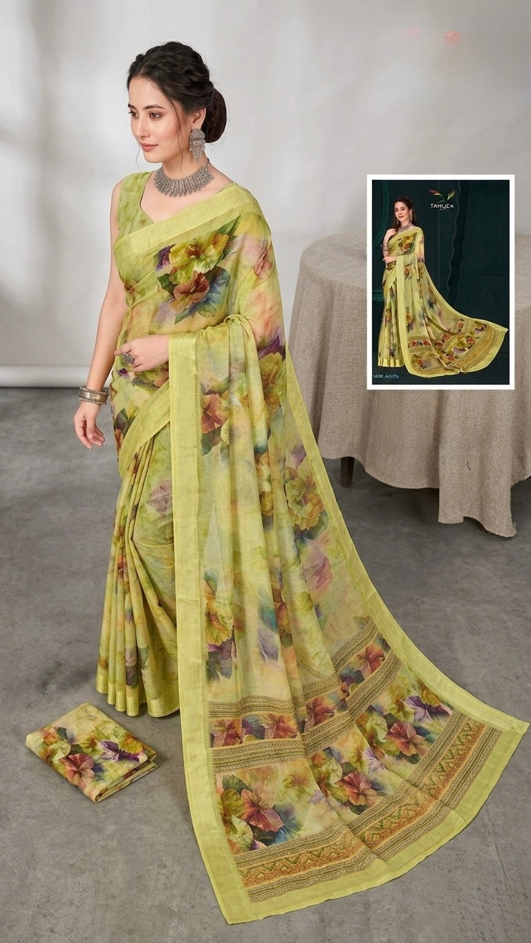 Lime Green Floral Digital Print Linen Saree
