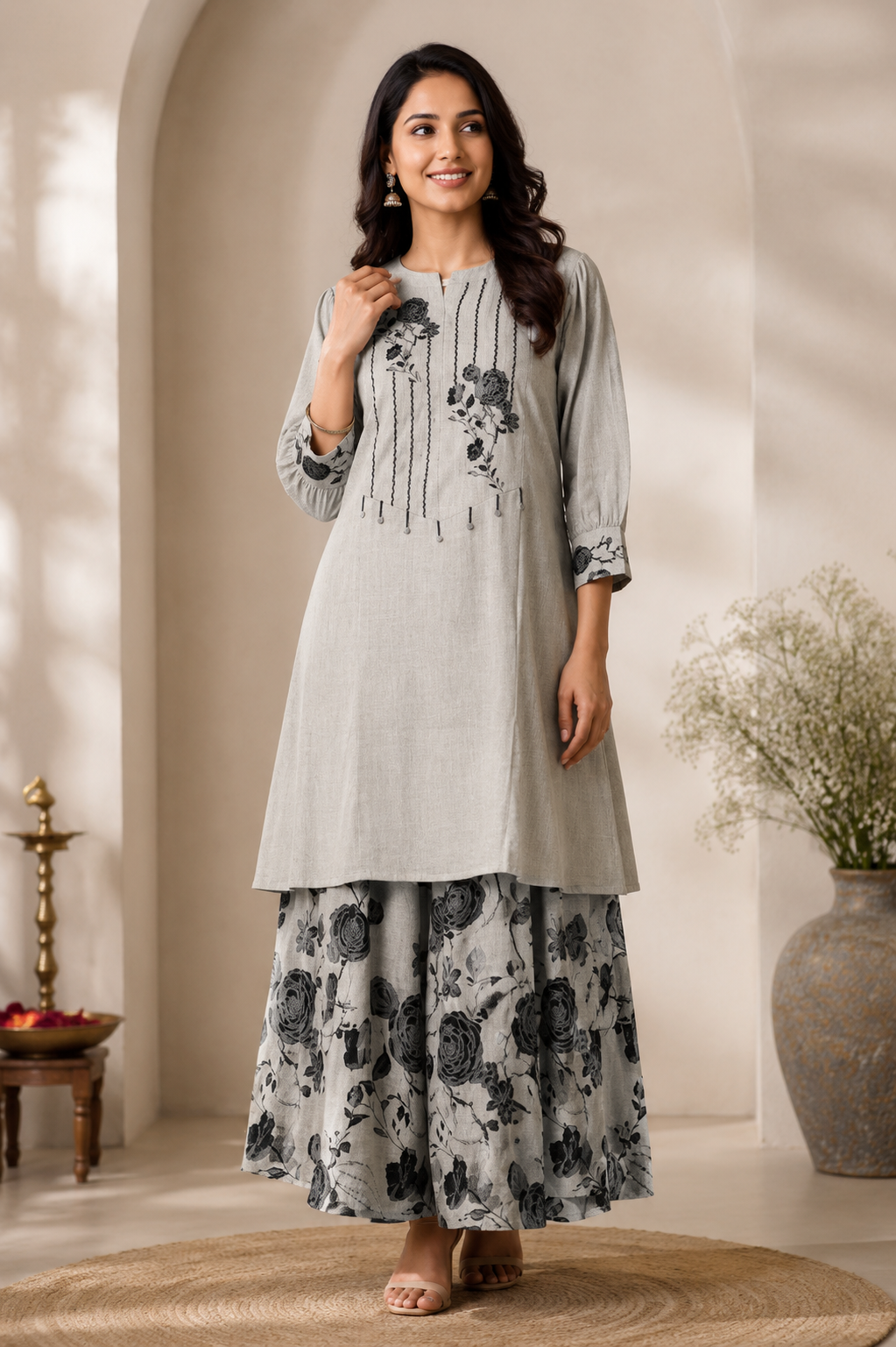 Noir Bloom Kurta Palazzo Set