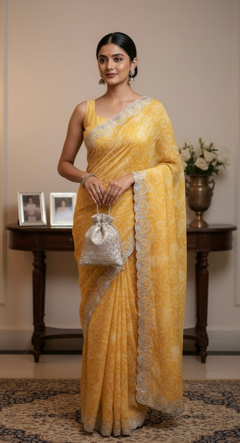 Sunshine Yellow Bandhej Saree with Embroidered Border