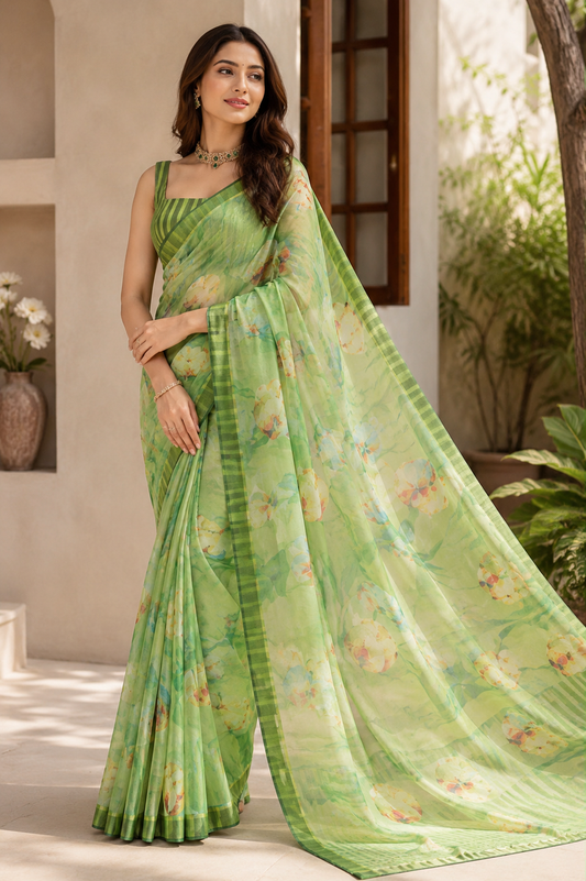 Mint Bloom Printed Linen Saree