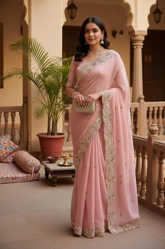 Blush Pink Georgette Saree with Antique Zari Border