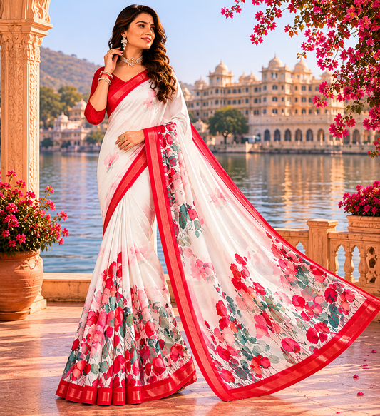 Ivory Scarlet Blossom Saree