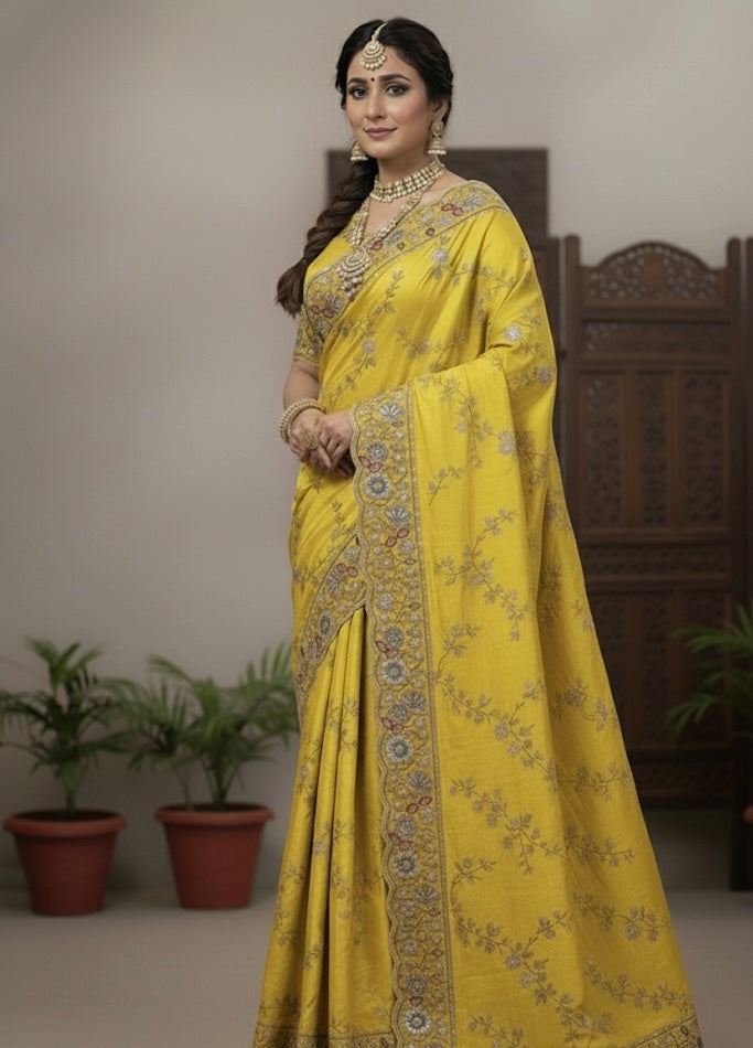 Yellow Silk Saree with Silver Zari & Thread Floral Embroidery