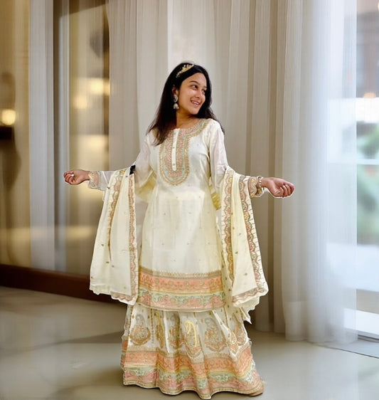 Ivory Embroidered Anarkali Kurta with Skirt & Dupatta