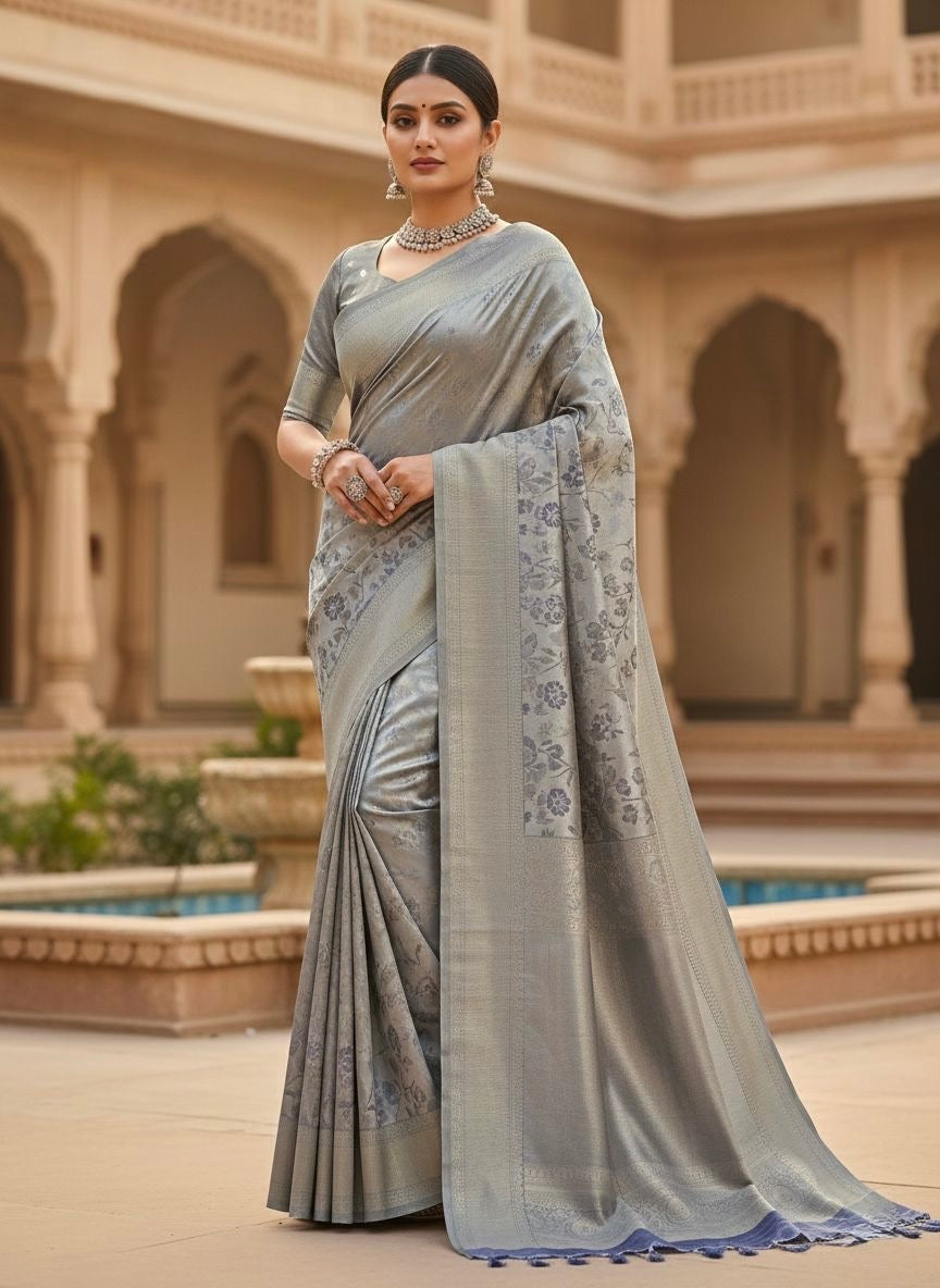 Printed Silk-Blend Saree with Matching Shawl