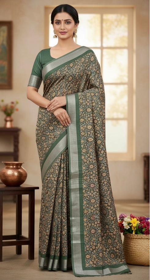Floral Jaal Silk Blend Saree with Zari Border
