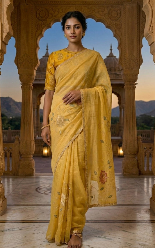Rajrani Mustard Hand-Embroidered Silk Saree