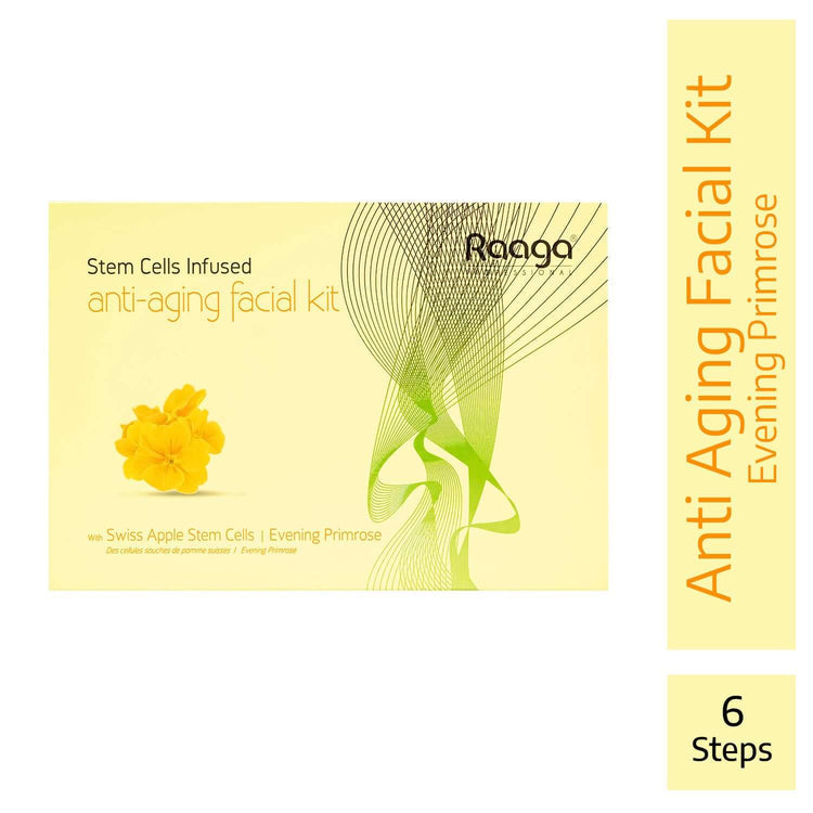 Raaga Stem Cells Infused Anti-Aging Facial Kit | 6-Step Complete Skincare | Evening Primrose, Swiss Apple Stem Cells | Youthful Radiance (61 gm)
