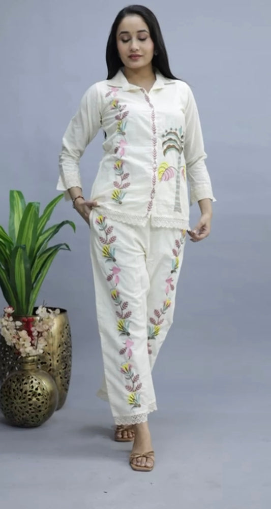 Ivory Embroidered Cotton Co-ord Set with Scallop Detailing