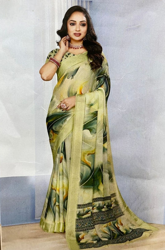 Olive Aura Printed Saree – Grace in Earthy Hues