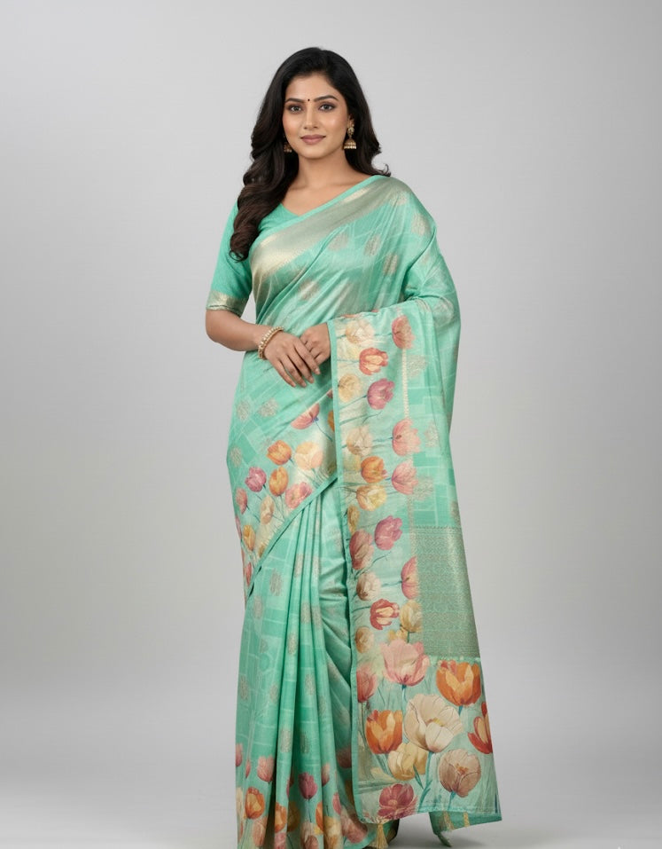 Floral Printed Soft Silk Saree with Subtle Zari Highlights – Mint Green & Aqua Blue