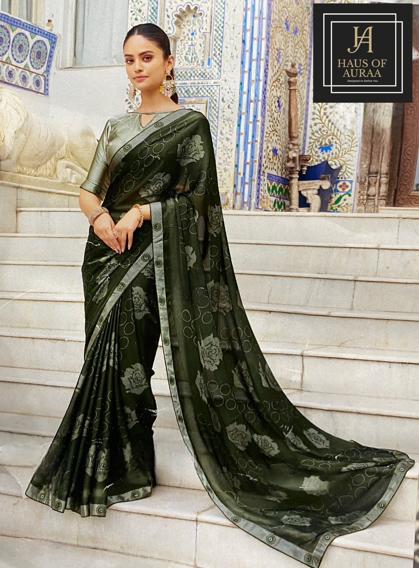 Emerald Noir Floral Saree with Subtle Sheen