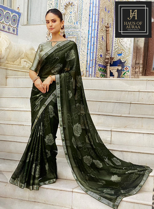 Emerald Noir Floral Saree with Subtle Sheen