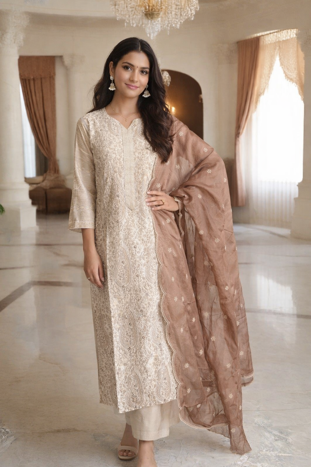 Champagne Beige Chikankari Kurta Set with Embroidered Dupatta