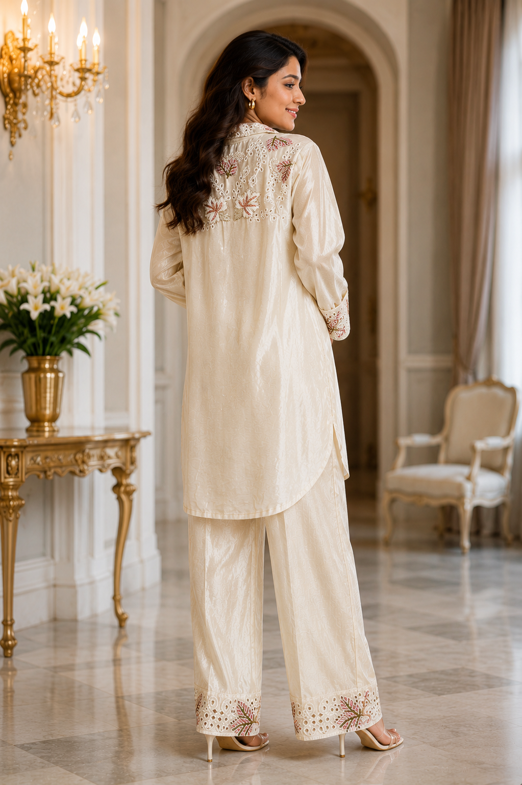 Ivory Embroidered Satin Co-ord Set