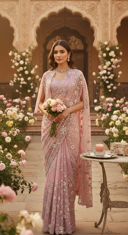 Blush Bloom Cape Saree Set