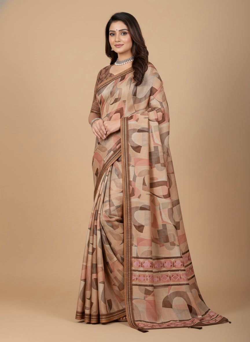 Beige Abstract Printed Saree with Subtle Border Detailing