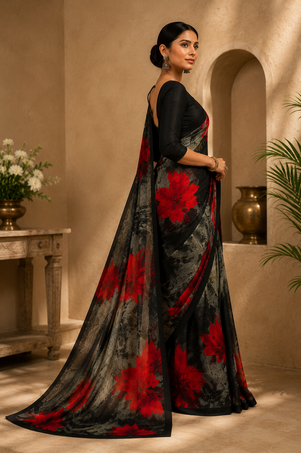 Midnight Scarlet Floral Saree