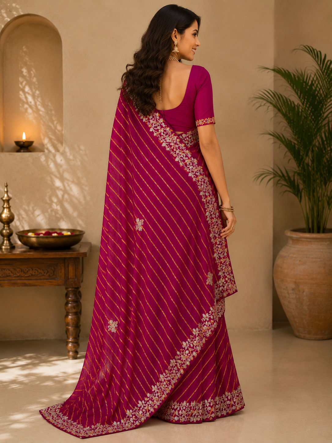 Embroidered Leheriya Soft Chiffon Saree