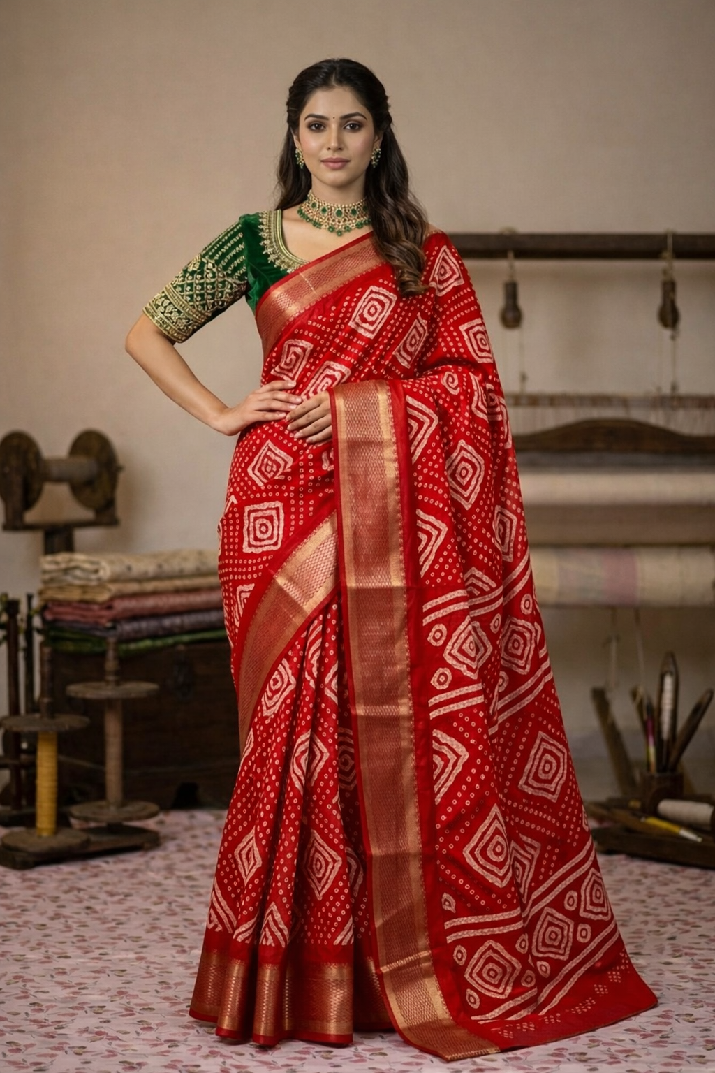 Bandhani Inspired Geometric Zari Saree