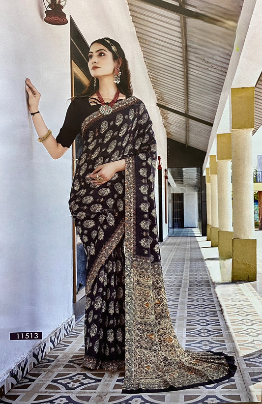 Black Ajrakh-Inspired Printed Saree with Ethnic Motifs