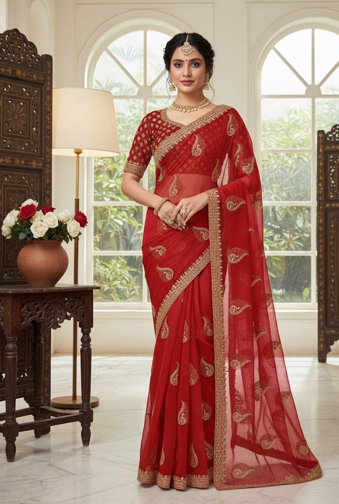 Crimson Red Georgette Saree with Zari Paisley Embroidery