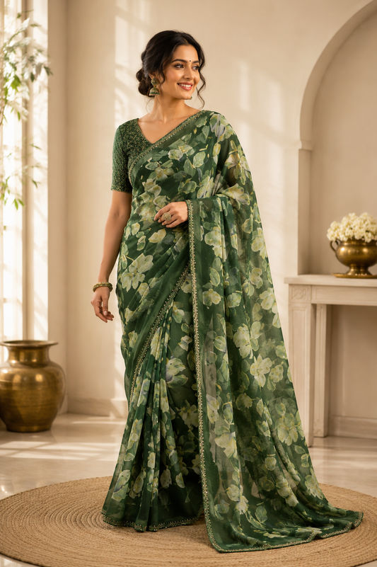 Emerald Bloom Floral Printed Saree