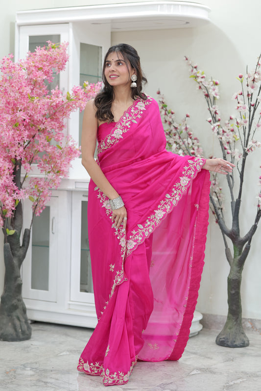 Gulnaar Zari Embroidered Hot Pink Saree