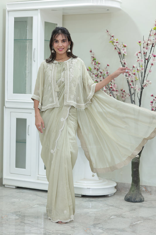 Ivory Grace Silk Saree with Cape Blouse