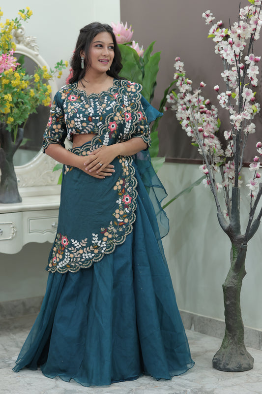 Deep Teal Mirror Work Thread Embroidered Lehenga Set