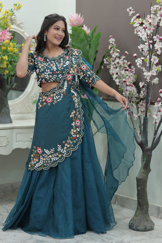 Deep Teal Mirror Work Thread Embroidered Lehenga Set